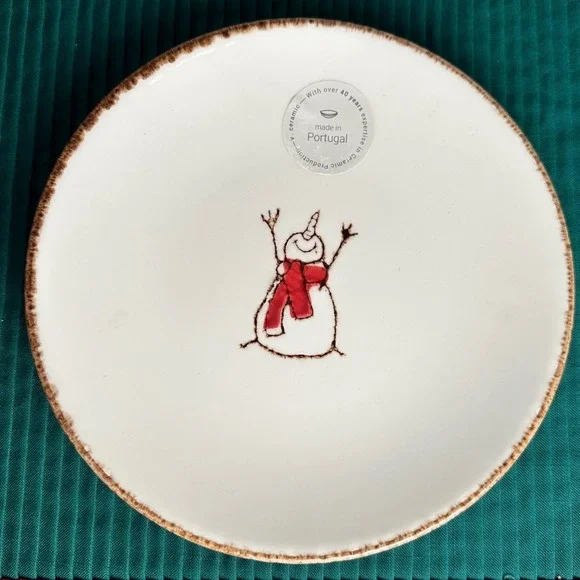 Made in Portugal Snowman Appetizer Plates Set of 2 White Red 8.25in Ceramic - Picture 3 of 8